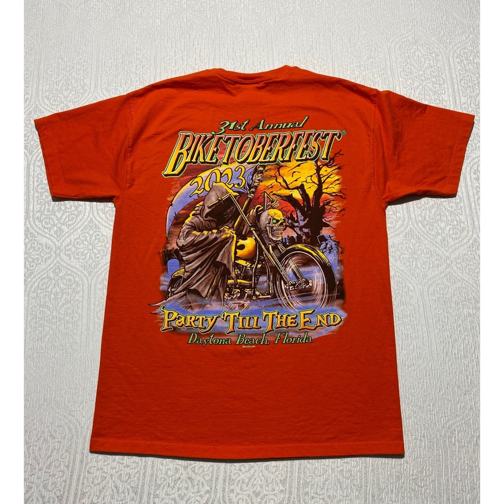 Jerzees Biketoberfest 2023 Daytona Beach Florida Orange Biker T-Shirt Mens M